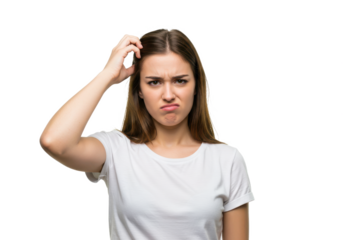 Young doubtful woman thinking, scratching head and trying to find solution isolated on White background PNG transparent background