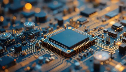 Internet of Things embedded systems concept. A close-up view of a circuit board, showcasing intricate patterns and components, highlighting technology and modern electronics.