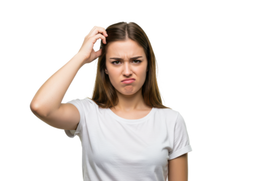 Young doubtful woman thinking, scratching head and trying to find solution isolated on White background PNG transparent background