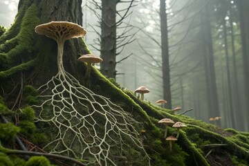 Neural network showcasing mycelium communication in forest ecology Misty forest scene featuring mushrooms and intricate tree roots.