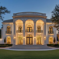 Obraz premium Grandiose Architecture of an Estate with Columns and Windows in the Evening Tranquility