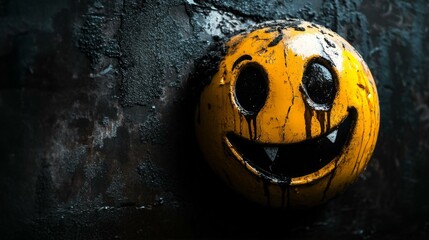 Grinning Carved Sphere Haunted Smile Pumpkin Like Figure on Textured Background Halloween Season