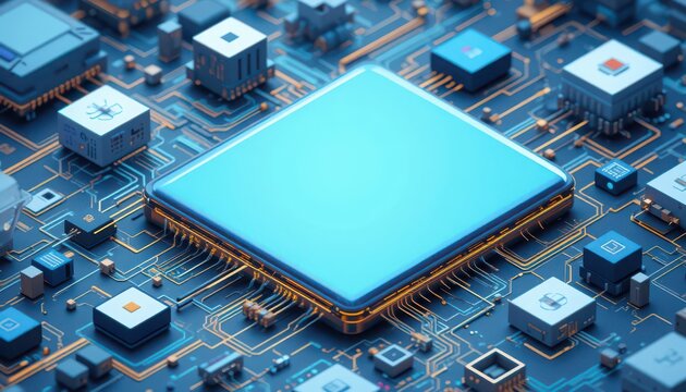 Internet of Things embedded systems concept. A close-up view of a computer circuit board featuring a central processor with a vibrant blue hue and intricate connections.
