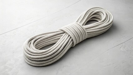 Climbing rope tightly coiled in oval loop on neutral background representing preparedness, gear organization, and essential outdoor adventure safety equipment