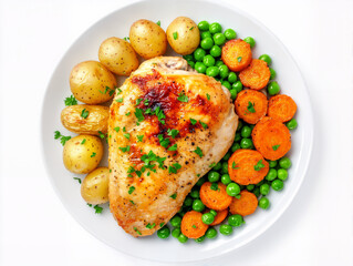 Healthy Meal with Grilled Chicken, Potatoes, Carrots, and Peas