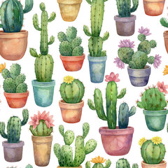 Cacti in watercolor technique hand drawn. Seamless background