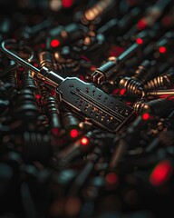 Naklejka premium A close-up view of intricate locksmith tools set against a dark, futuristic backdrop filled with red lights.