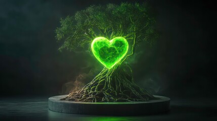 A powerful green heart glowing in the roots of an ancient tree, radiating energy through the branches, set on a minimalist podium for a product showcase.