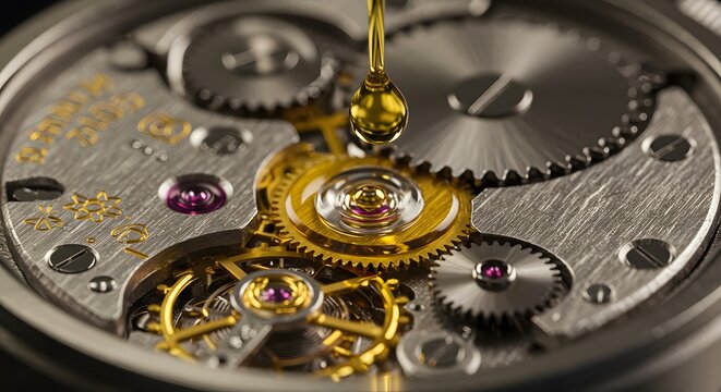 Close-up of watch movement with oil drop intricate gears and mechanisms.