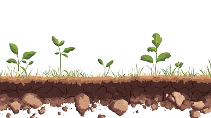 Digital illustration depicting a cross-section of soil. The soil is dark brown, textured, and shows small rocks at the bottom edge.  Several small green plants of varying heights are shown growing