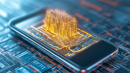 Data Processing on Smartphone: A detailed, luminous illustration showcasing the intricate circuitry and data processing capabilities within a smartphone, symbolizing the future of technology. 