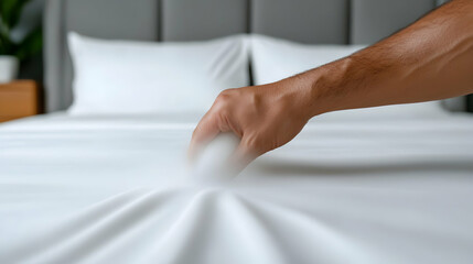 Obraz premium Close-up of a Hand Spraying Dust Mite Cleaner on Crisp White Bed Sheets