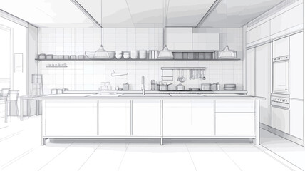 The image is a digital rendering of a modern kitchen design presented as a wireframe sketch.  The sketch is in grayscale, showing only lines and basic shapes, with no color or texture. The design