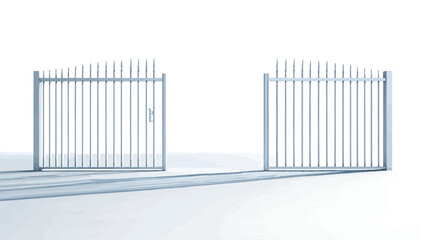 The image shows a pair of open metal gates against a plain white background. The gates are composed of vertical metal bars with pointed finials at the top.  A small, indistinct detail suggesting a