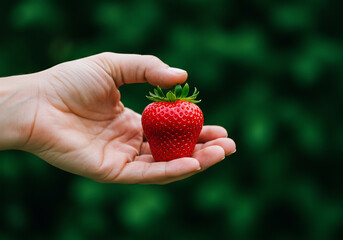 Obraz premium Hand Holding a Ripe Red Strawberry Against a Green Background