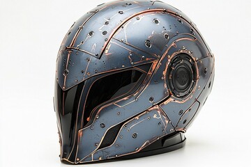 Fototapeta premium Futuristic Motorcycle Helmet Design with Unique Pattern and Textures in Metallic Blue and Copper Accents