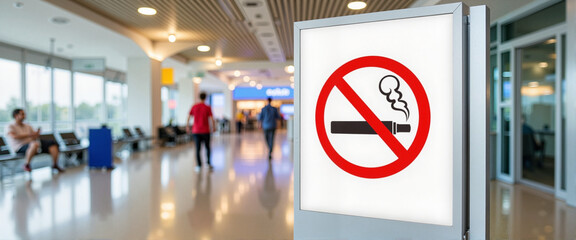 Vape ban symbol on public sign in airport, health awareness concept