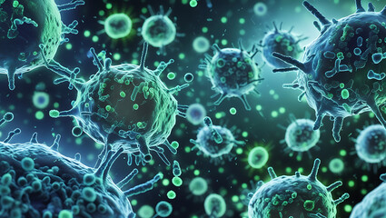 Obraz premium Microscopic World: A vibrant and detailed illustration of microscopic organisms, showcasing a complex and dynamic environment. The image captures the essence of scientific exploration.
