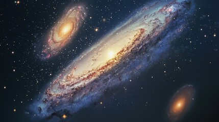 Naklejka premium Cosmic Dance: A view of galaxies illuminating the vast expanse of space, showcasing the universe's awe-inspiring beauty.