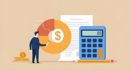 Estructura de costos, cálculo del balance de gastos e ingresos, análisis de ingresos, deudas e inversiones, administración del dinero, concepto de presupuesto o ahorro, empresario con calculadora con 