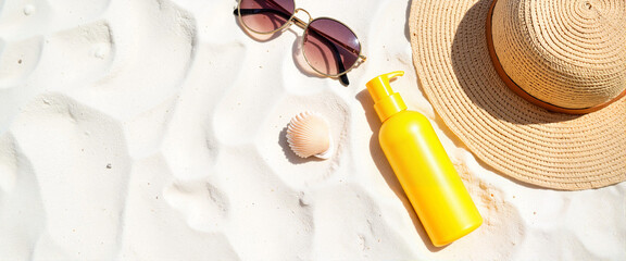 Traveler's essentials for beach holiday on white sand, summer vibes
