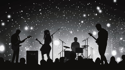 The image is a black and white, low-key photograph of a four-person band performing on stage in front of a large audience. The band members are silhouetted against a background of bright lights