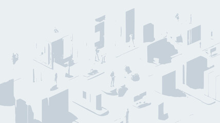 The image depicts a digitally rendered, abstract cityscape composed entirely of white geometric shapes.  The structures vary in size and form, creating a sense of depth and perspective. The overall