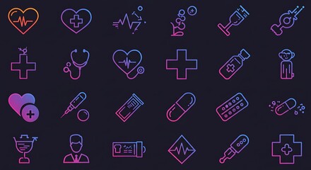 A collection of healthcare-related icons designed in bright rainbow hues, black and white, representing various medical symbols