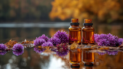 Autumn Essence: Natural Aroma Oil Bottles with Purple Clover on Tranquil Water, a Spa Serenity
