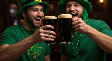 Cheers to St. Patrick's Day: Two friends raise a toast with pints of dark beer in a pub setting, embodying the spirit of celebration and camaraderie on St. Patrick's Day.