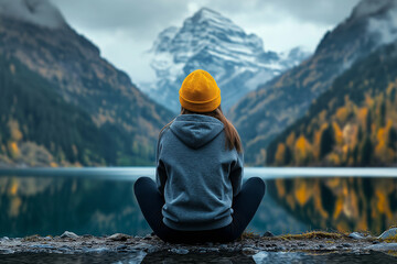 young woman sits peacefully by serene lake, wearing yellow beanie and gray hoodie, surrounded by stunning mountains and autumn foliage