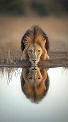 Fototapeta premium majestic lion drinks slowly. The water reflects his image, creating perfect symmetry between the lion and his reflection, portrait of a lion, lion in the sun, lion in the zoo