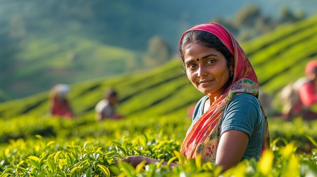 Junge indische Frau bei der Tee-Ernte auf einer Teeplantage in Indien