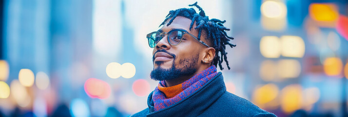 Optimistic Urban Gaze: A black man wearing glasses looks optimistically towards the future in a vibrant city at night, design for poster or card.