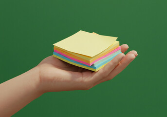 Hand Holding a Stack of Colorful Sticky Notes Against a Green Background
