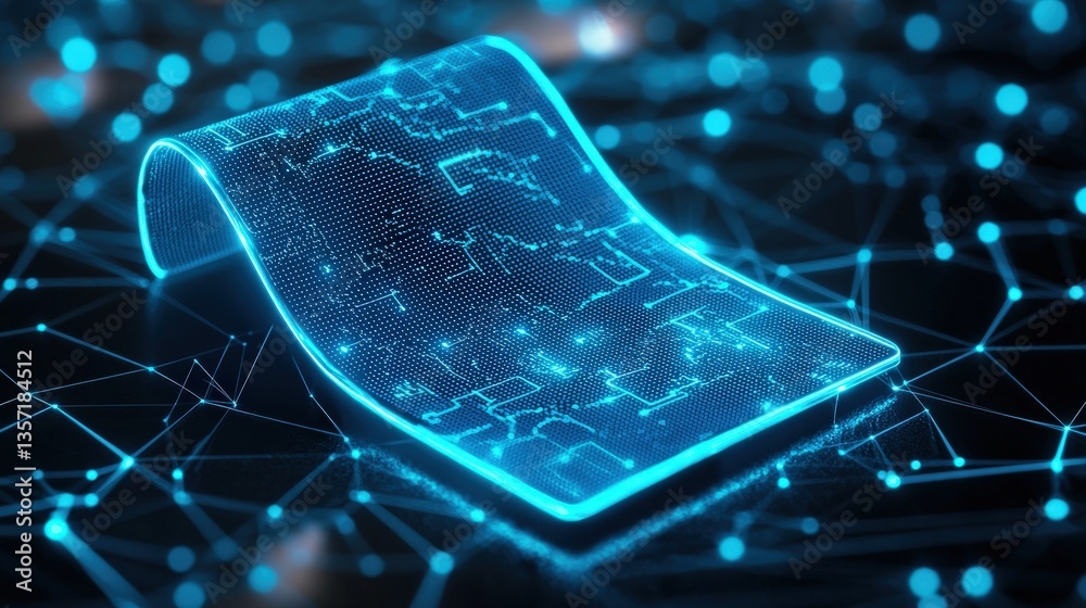 Poster digital blueprint glowing on dark background with network nodes
