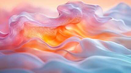 Abstract pastel waves, flowing fabric-like texture with soft light and color gradient.