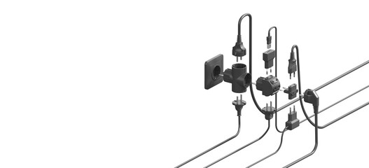Instructions for connecting multiple devices with tee connectors into an outlet. Concept of electrical safety. White background. Copy space. 3d illustration
