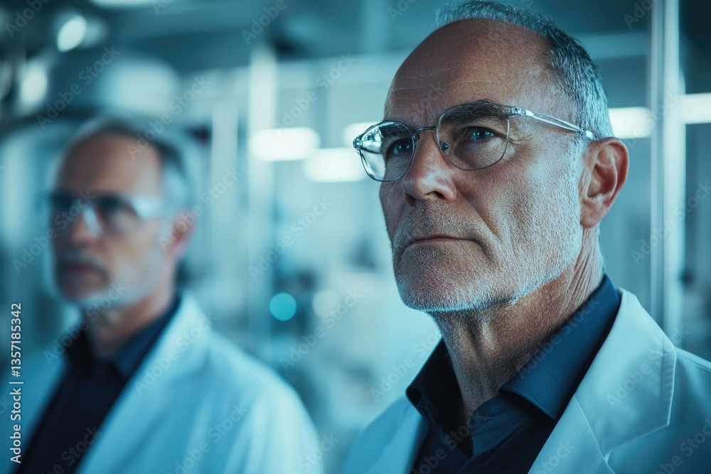Poster a thoughtful senior scientist in a lab coat, contemplating research in a modern laboratory setting.
