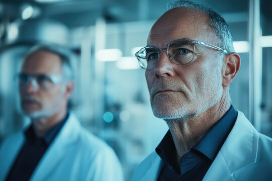 A thoughtful senior scientist in a lab coat, contemplating research in a modern laboratory setting.