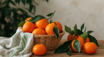 A wicker basket overflowing with vibrant oranges sits atop a wooden table