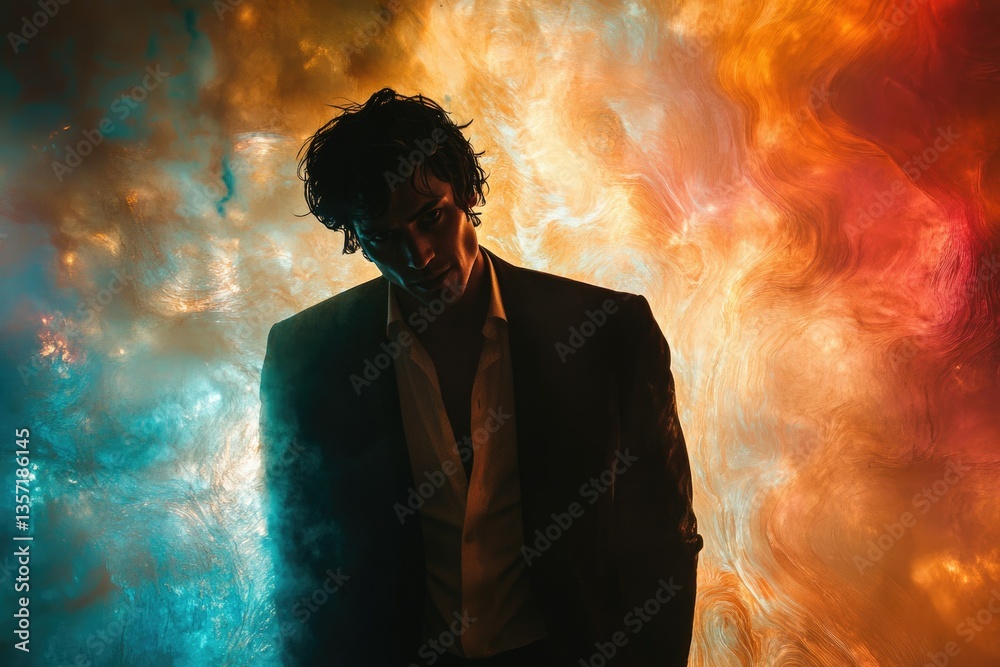 Poster a man in a suit stands before a vibrant, swirling backdrop of teal and orange hues, creating a drama