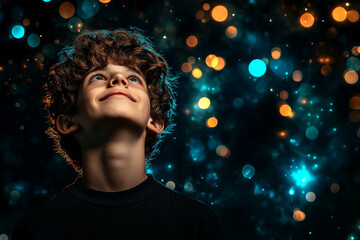 joyful young boy gazes upward, surrounded by colorful bokeh lights, creating magical atmosphere. His curly hair and bright expression enhance enchanting scene