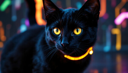 A sleek black cat with glowing yellow eyes looks forward