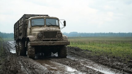 Fototapeta premium a muddy truck driving on a muddy road
