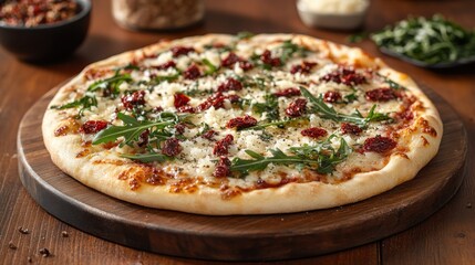 Delicious sun-dried tomato and arugula pizza on a wooden board.