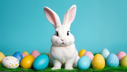 Fototapeta premium A white rabbit sitting in a field of colorful Easter eggs.