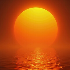 A large orange sun is reflected in the water. The scene is serene and peaceful. The orange color of the sun and the water creates a warm and inviting atmosphere