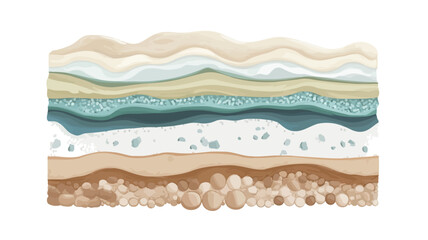 A digital illustration depicting a cross-section of the earth's layers.  The image showcases various layers of different colors and textures, including a bottom layer of pebbles, followed by sandy