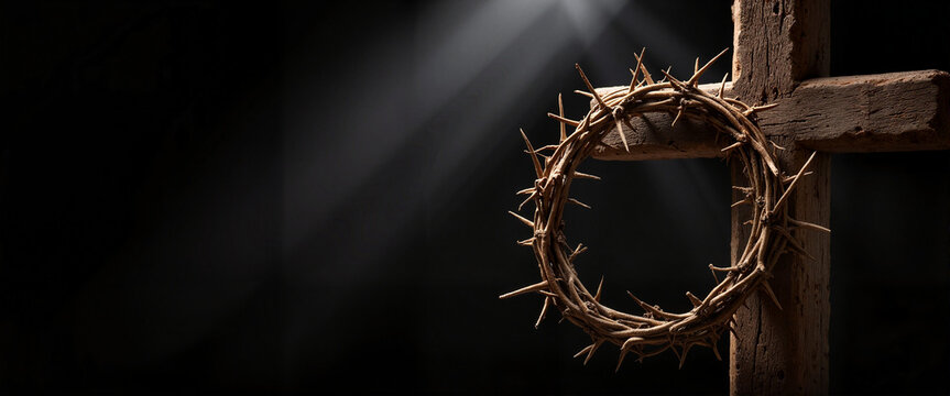 Crown of thorns illuminating rugged wooden cross, symbolic reflection
